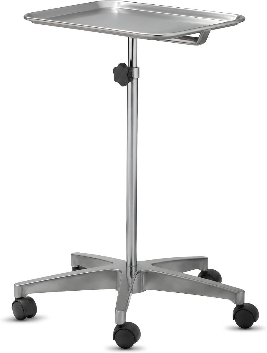 MediChoice Mobile Instrument Stand, 31-50 Inch Adjustable Height, Steel Tray Cart with 5 Dual Wheel Casters, Removable Stainless Tray for Medical Dental Salon Spa