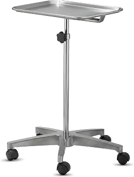 MediChoice Mobile Instrument Stand, 31-50 Inch Adjustable Height, Steel Tray Cart with 5 Dual Wheel Casters, Removable Stainless Tray for Medical Dental Salon Spa