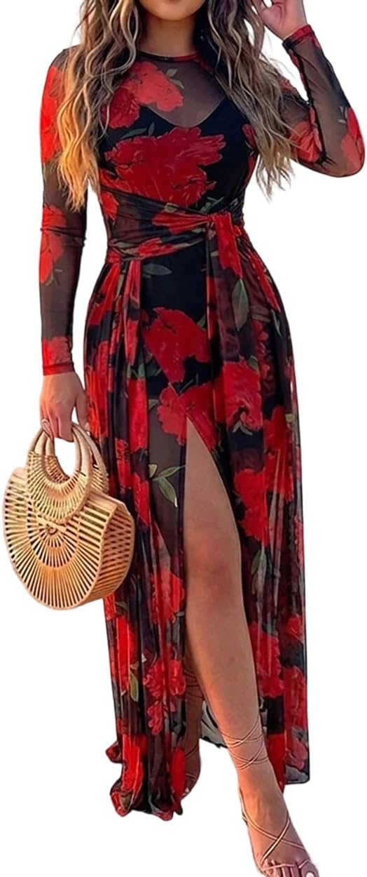 CHICME Womens 2 Piece Dress Sets Long Sleeve Tie Waist Slit Sheer Mesh Maxi Dress with V Neck Slip Dress Party Vacation Dress