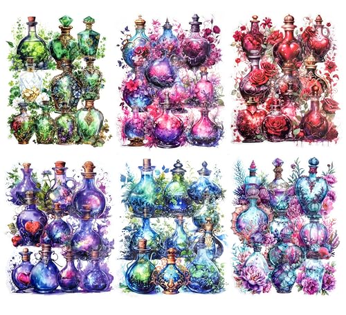 Large Floral Magical Potion Bottle Sticker Set – 60 Pcs Colorful Fantasy Potion Bottle Aesthetic Decals for Scrapbooking, Journals, Laptops Art Crafts, Witch Supplies