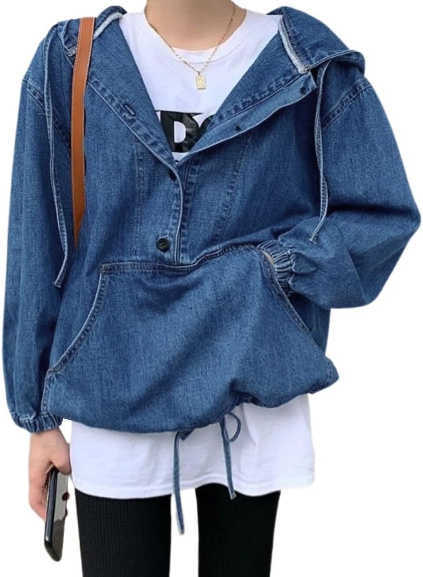 chouyatou Women Hooded 1/2 Button Down Pullover Denim Jacket Hoodie Boyfriend Casual Jean Sweatshirt Top