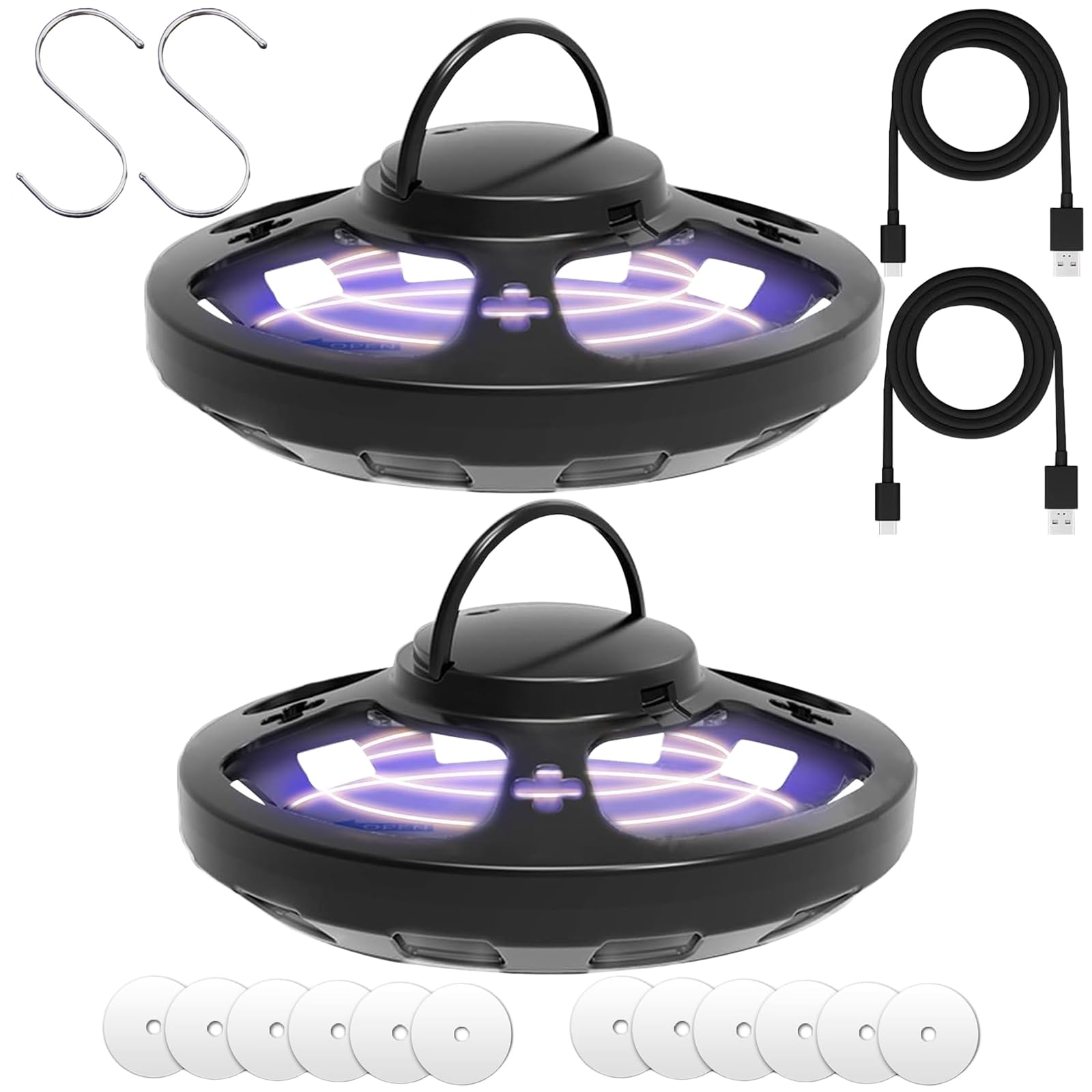 AMFUN Flohfalle Für Wohnung, 2 Stück Floh- und Bettwanzenfalle, LED Leicht Flohfallen, Flea Trap Lamp, Leichte klebrige Bettwanzenfalle, mit 12 Klebescheiben, 2 Haken, 2 Netzkabel