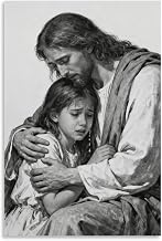 Christian Mural Decoration Religious Canvas Wall Painting Black And White Jesus Holds The Crying Little Girl to Comfort Wall Decor for Bedroom, Living Room, Church Room, Office Decoration