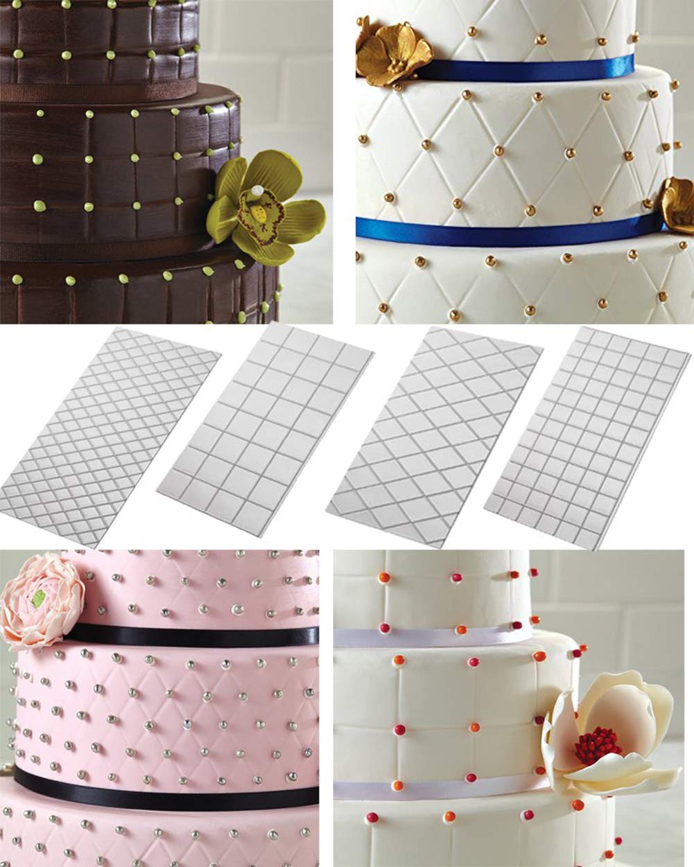 Cake Fondant Impression Mat Mold Diamond Quilted Grid Texture Embossed Lace Embossing Mat Cake Decorating Supplies for Cupcake Wedding Cake Decoration Tools(Set of 4) - Image 5