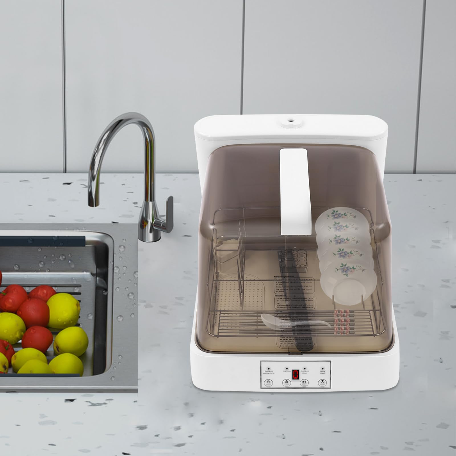 Lavastoviglie Portatile Lavastoviglie Automatico con Serbatoio Mini Lavastoviglie per Appartamenti Dormitori e Camper Bianco Marrone