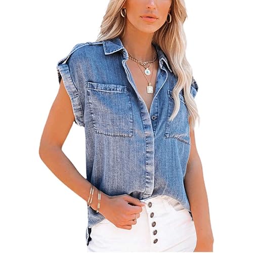 chouyatou Women's Casual Distressed Button Down Sleeveless Denim Jean Shirt Tops