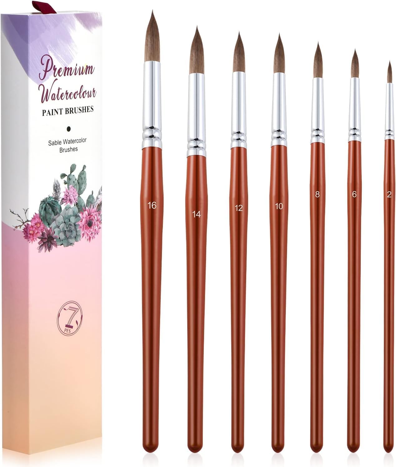 Professional Sable Hair Watercolor Brush Set - Round Tips, Wood Handle, 7-Pack for Watercolor, Acrylic, Gouache, Inks