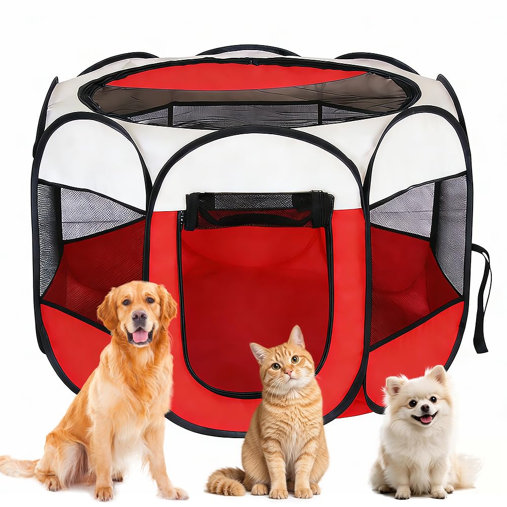 Jaula para cachorros para apartamentos, XXL, para cachorros, recinto al aire libre, para animales pequeños como perros y gatos (beige + rojo)