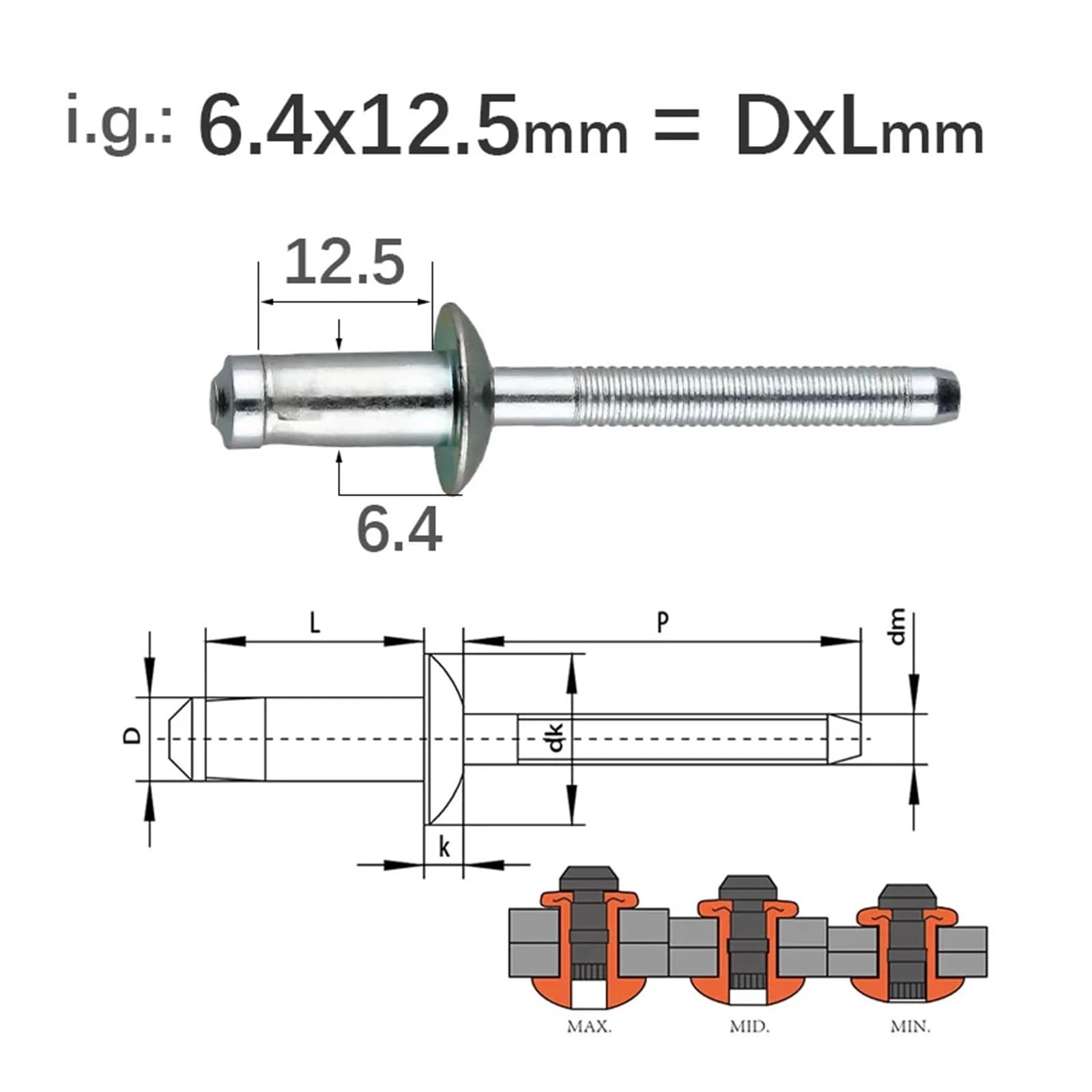Rivets aveugles haute résistance en acier au carbone, attaches structurelles, 30/50 pièces, 6.4mm 7.8mm(50Pcs,6.4X16.5mm)
