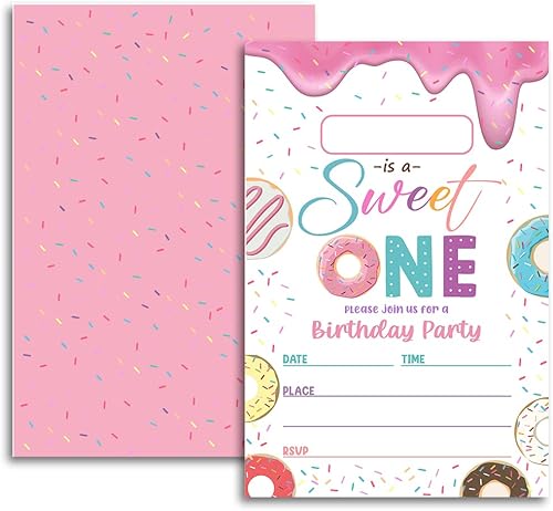 FujLoy Donut Sweet One - Invitación para fiesta de cumpleaños, decoración de fiesta de cumpleaños con temática de donas (045)