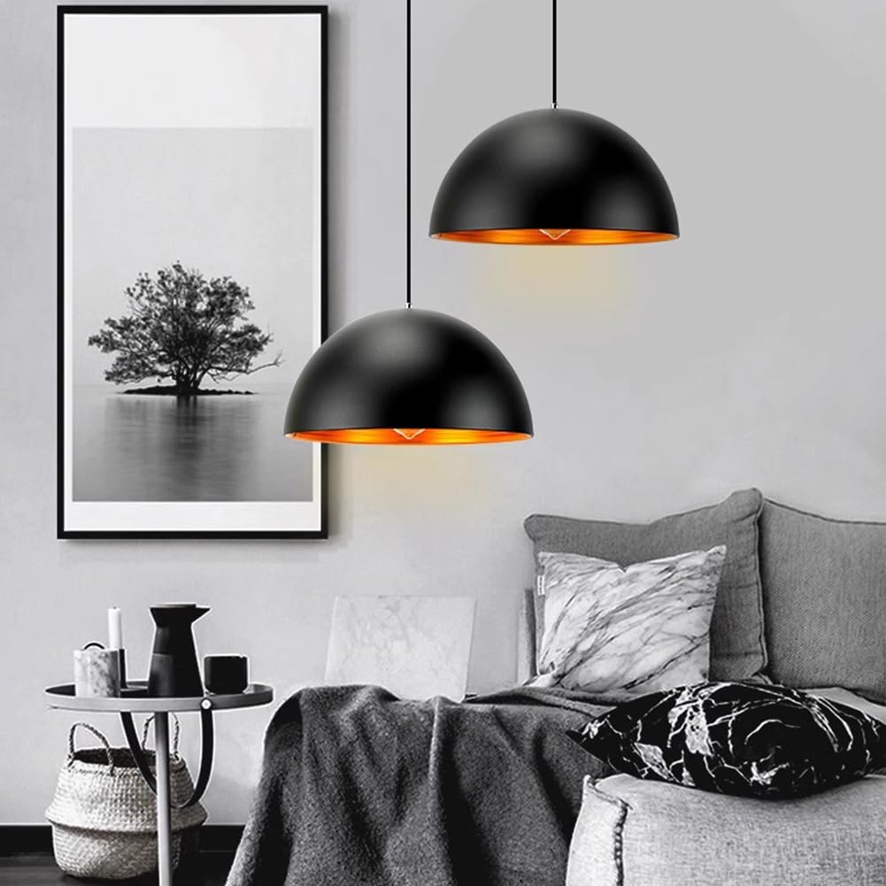Lámpara colgante de cúpula metal vintage for isla cocina, estilo industrial, semicírculo, lámpara retro sobre fregadero, techo rústica granja (oro negro, 15,7 pulgadas)(Black Gold,11.8in)