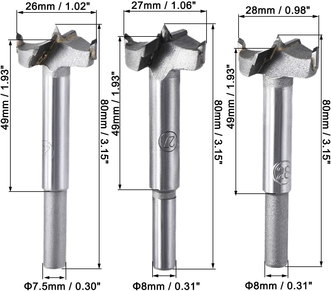 sourcing map Forstner Wood Boring Drill Bits 26mm 27mm 28mm Dia. Hole Saw Carbide Alloy Steel Tip Round Shank Cutting for Hinge Plywood Wood Tool 3in1 Set - Image 3