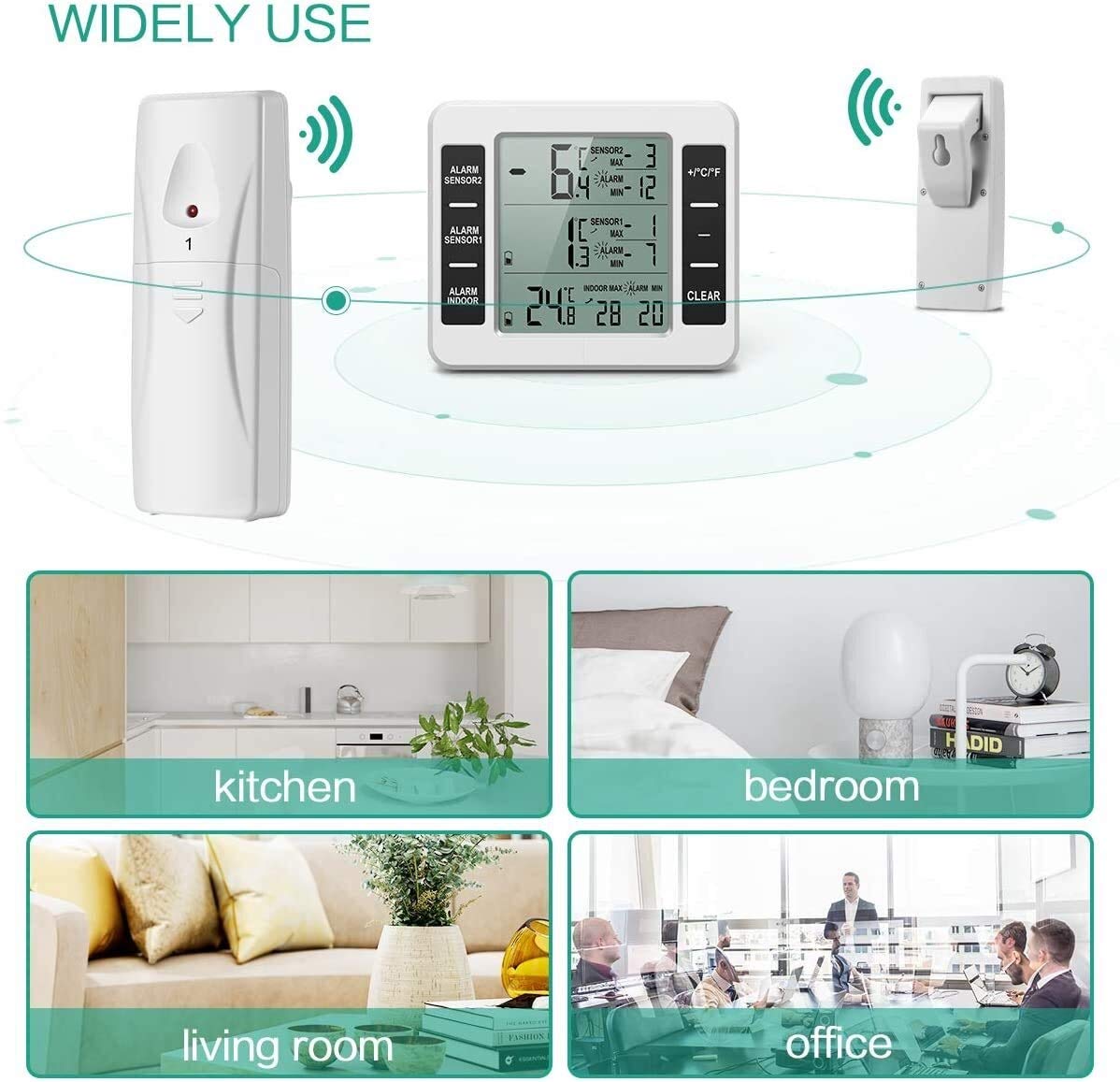 XMING Termometro Digitale congelatore con Monitor a Temperatura Interna e 2 sensori Wireless, termometro Frigorifero con 3 Allarme udibile, Record min/Max per la casa, ECC.