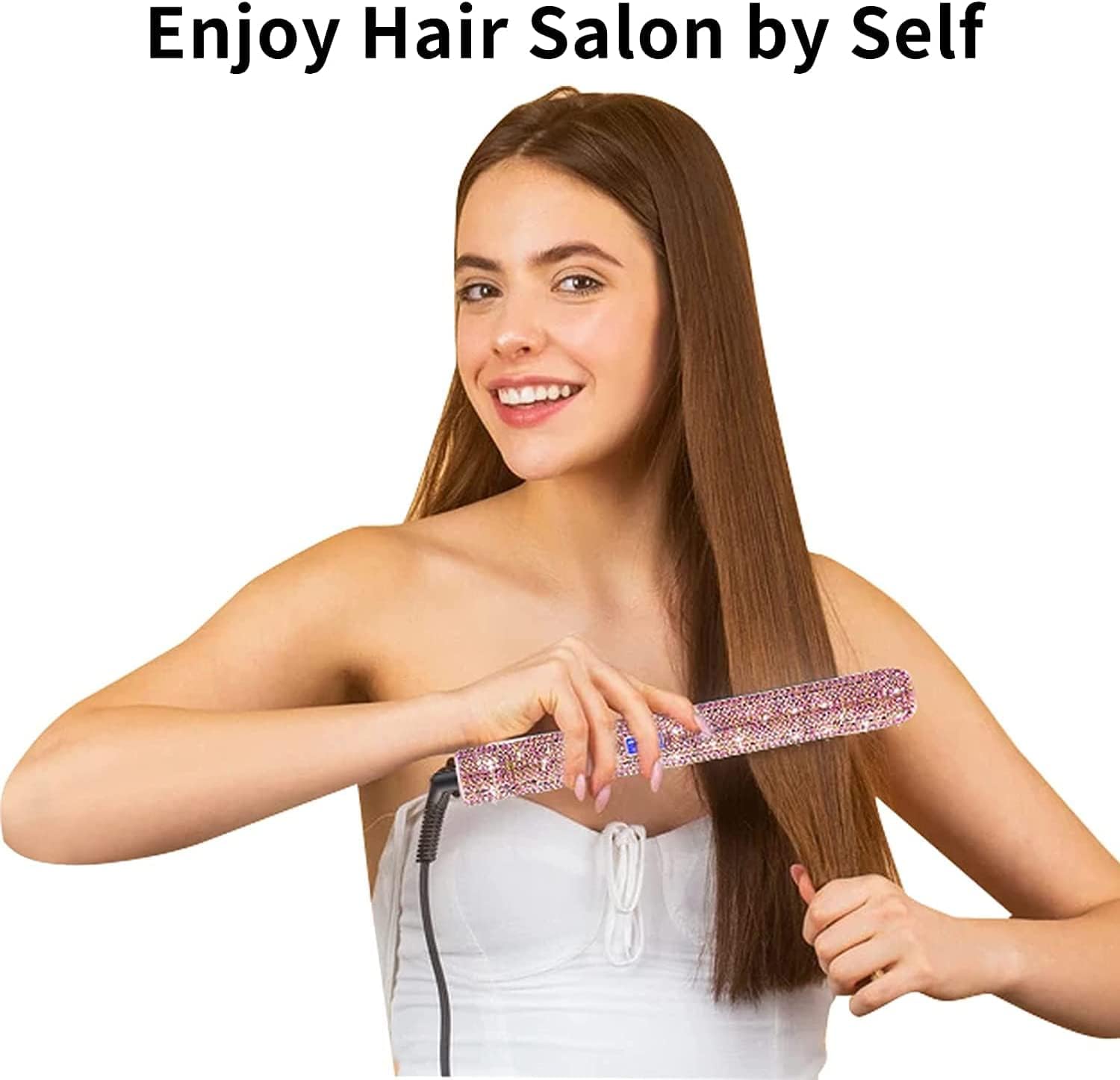 Hair Straightener Titanium Flat Iron with Gorgeous Rhinestone Bling Crystal Diamond, 2 in 1 Hair Straightener and Curler, 60 Min Auto Shut Off, LCD Temp Display, Range from 120°F to 470°F(Rose Pink)