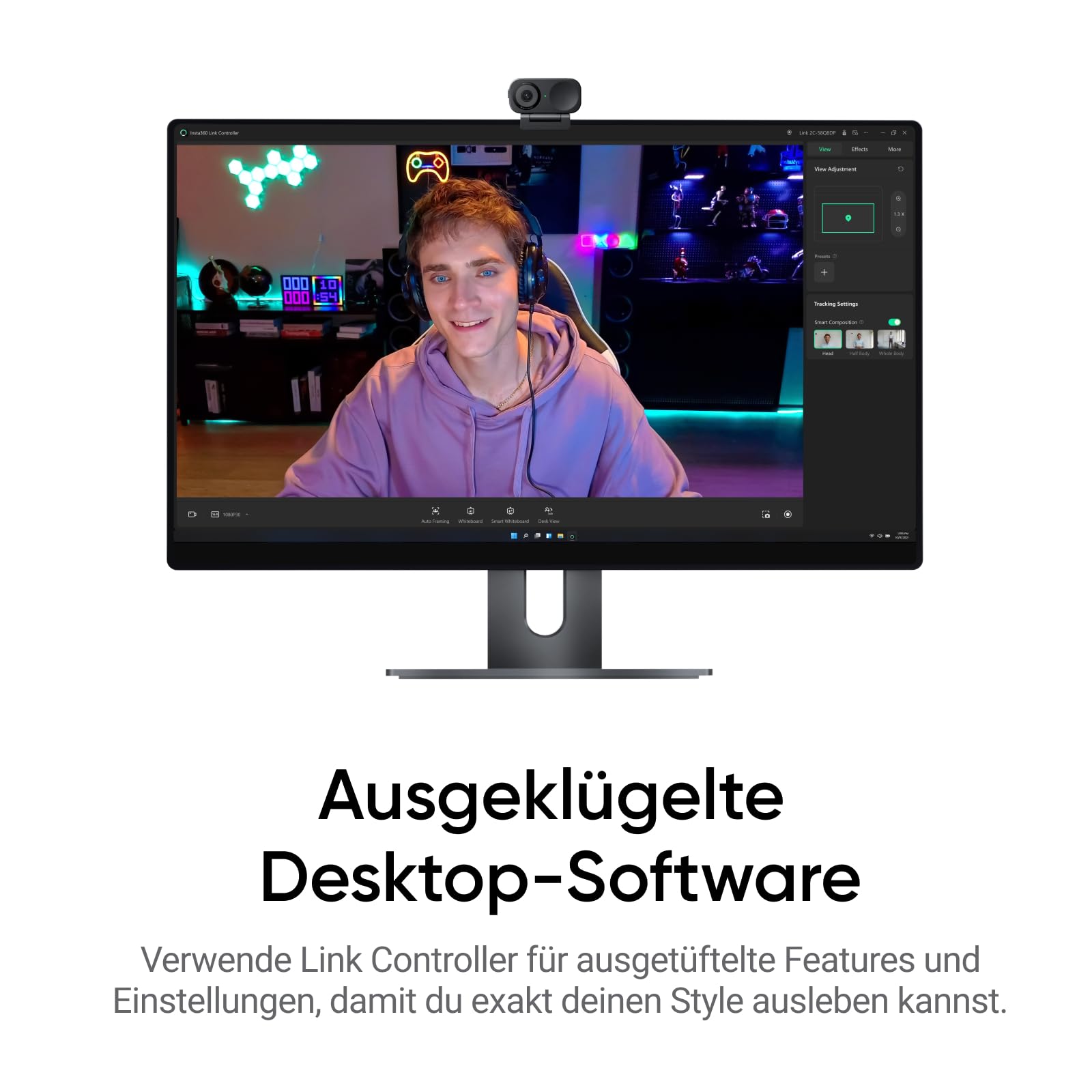 Insta360 Link 2C - 4K Webcam für PC/Mac, 1/2" Sensor, Auto-Framing, HDR, Mikro mit KI-Geräuschunterdrückung, Gestestenkontrolle, Streaming Kamera für Gaming, Zoom, Teams, Twitch & mehr