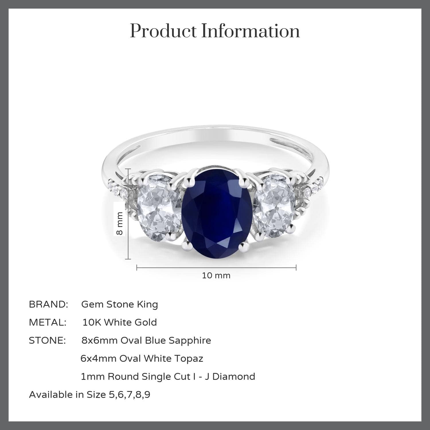 Gem Stone King 10K White Gold Blue Sapphire White Topaz and Diamond Accent 3-Stone Engagement Ring For Women | 2.84 Cttw | 3 Stone Wedding Anniversary Promise Ring For Women (Size 7.5) - Image 4