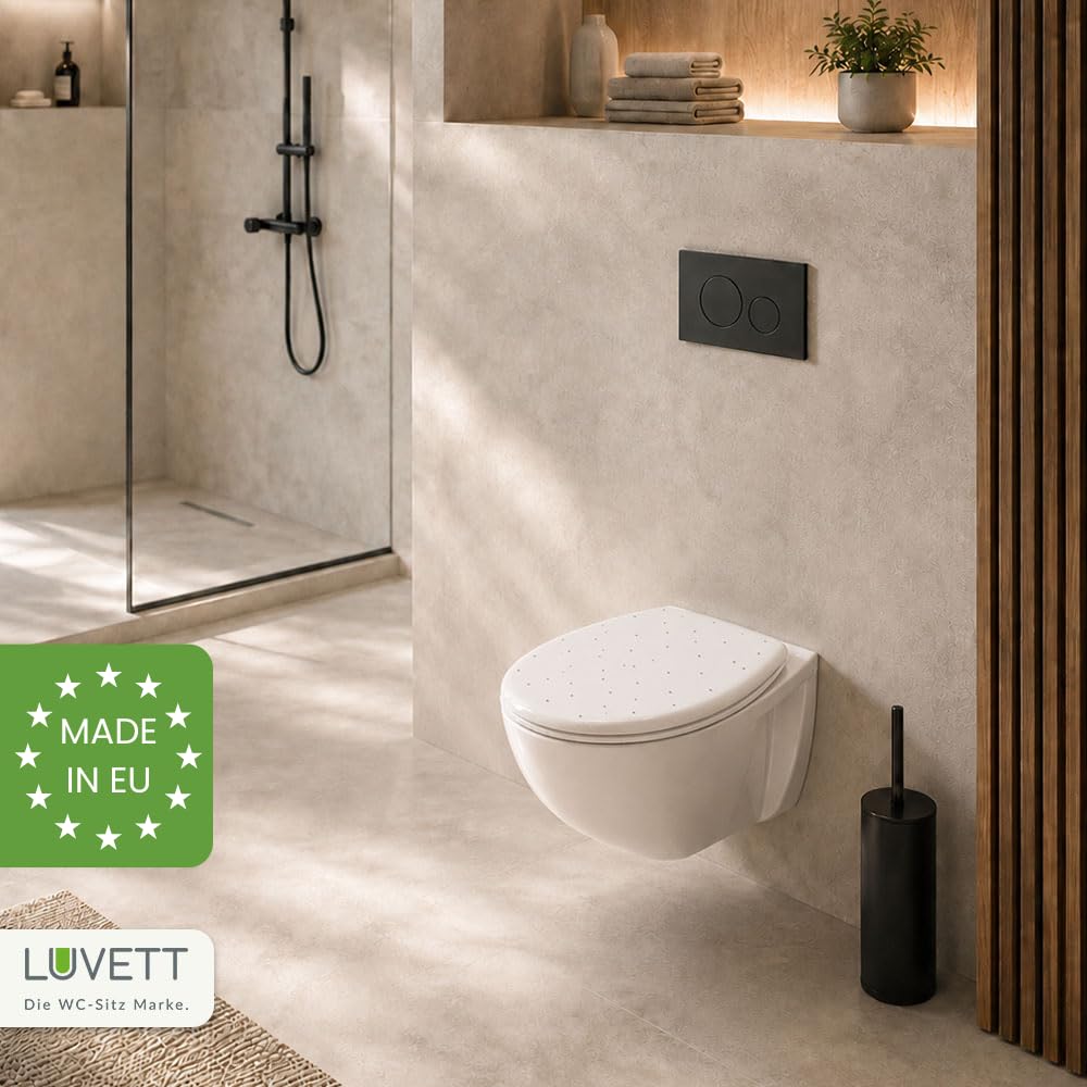 LUVETT S100 WC-Sitz Glitzersteine Oval SoftClose TakeOff EasyClean Weiß | Mit 44 Glitzersteinen in Handarbeit. Duroplast WC-Sitz mit SoftClose Absenkautomatik und 3-in-1 Edelstahl-Befestigungsset.