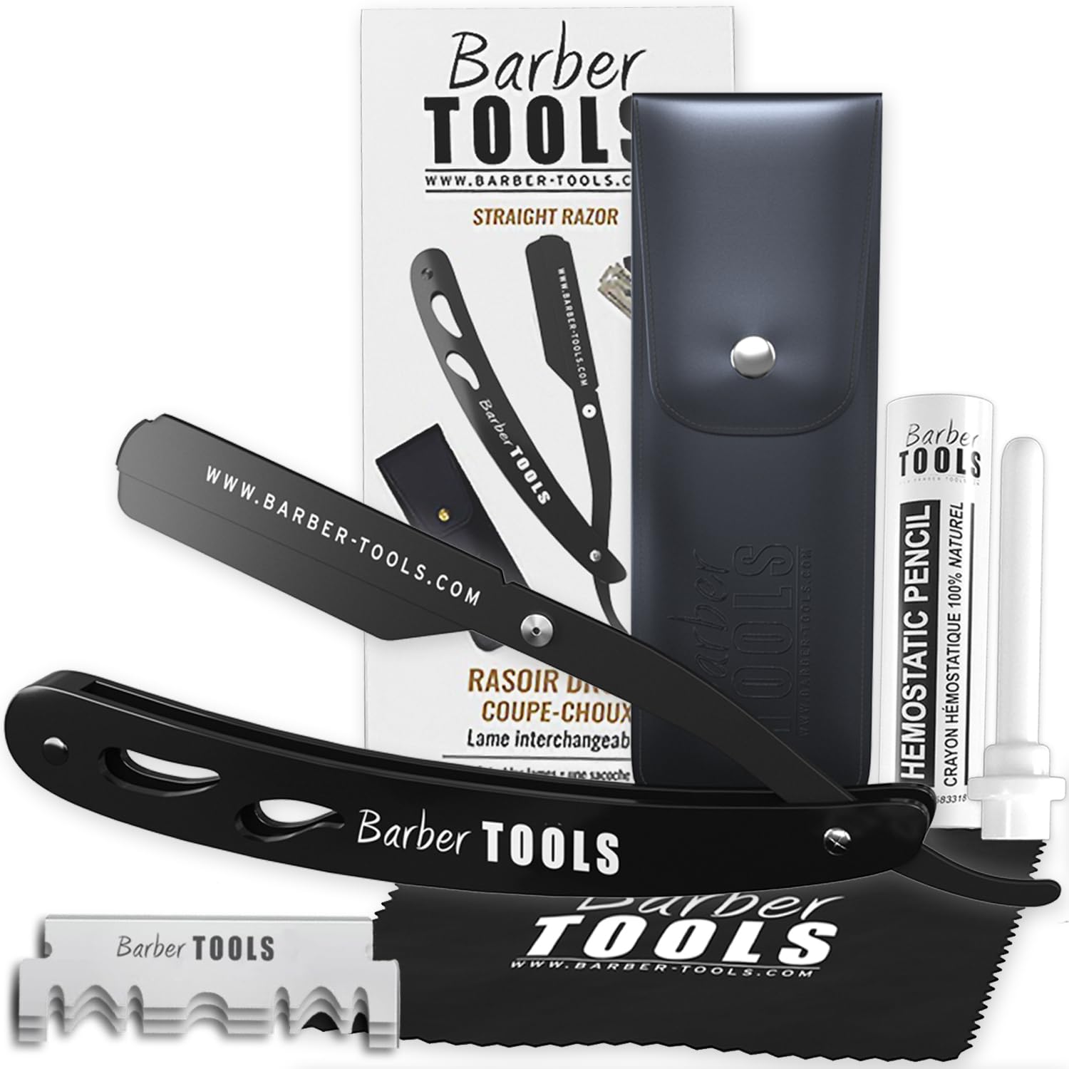 Kit de afeitadora de barba para hombre/navaja de afeitar de barba - con 50 cuchillas + peine guía + gel de afeitar transparente de 80 ml + aftershave de 30 ml + alumbre en barra + bolsa grande