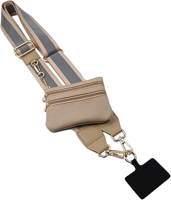 Reflective Clip and Go Phone Strap with Wallet Zipper Pouch Crossbody Phone Wristband,Phone Strap with Card Holder,Adjustable Phone Crossbody Strap,Reflective Brown