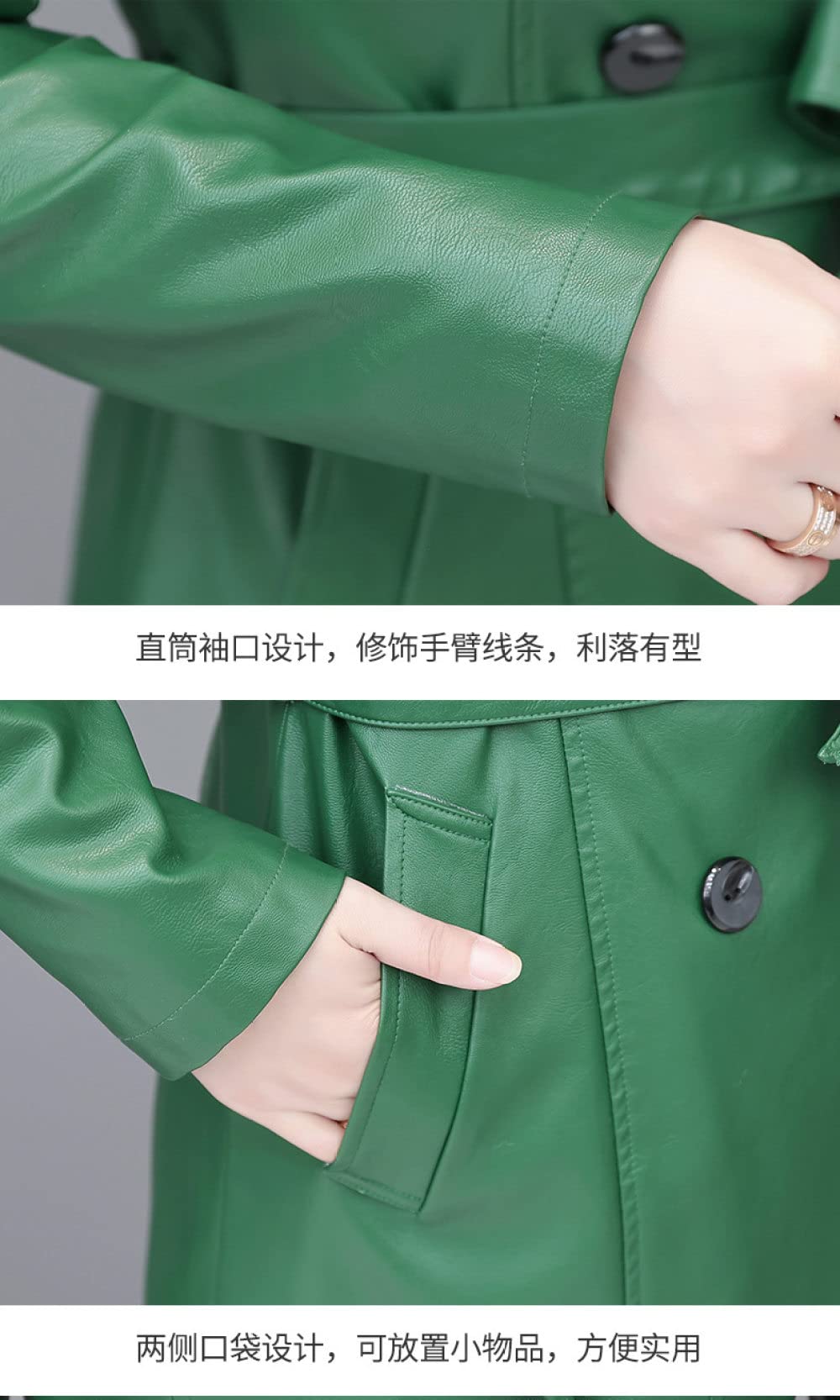 Chaqueta Mujer,Gabardina De Piel Sintética Para Mujer, Chaqueta Verde Con Solapa Larga, Cinturón De Doble Botón, Bolsillo, Elegante, De Manga Larga, Ajustado, Moto Biker, Abrigo De Pu, Prendas De