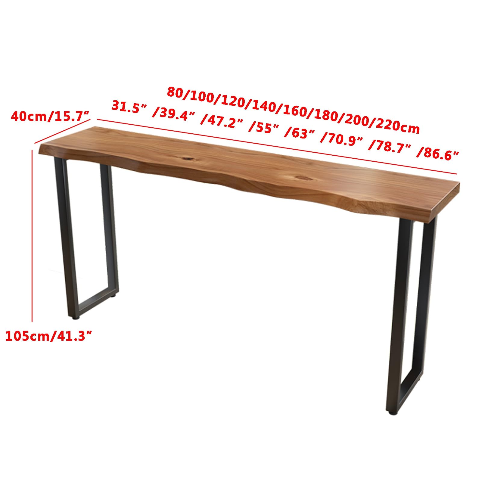 Tavolo da bar in legno massello, altezza bancone, tavolo da bistrot con gambe in metallo, design con bordo vivo, per sala da pranzo e colazione, tavolo rettangolare stretto (160 x 39,9 x 104,9 cm