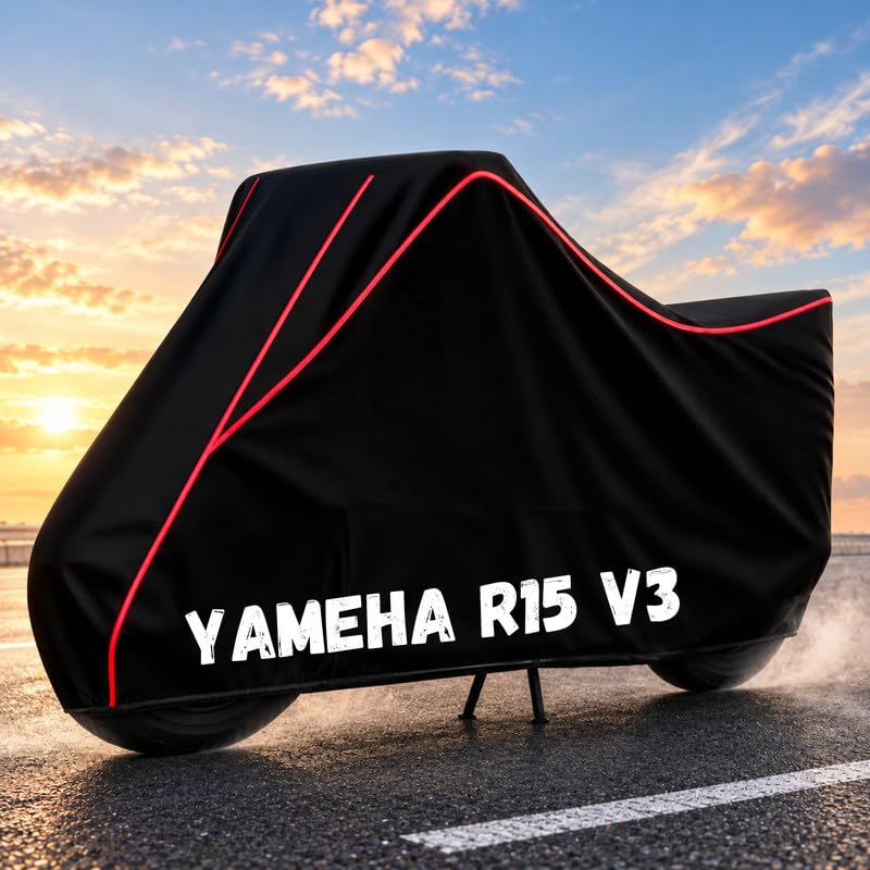 Image of Bike Body Cover for R15 V3 - Heavy Duty Waterproof, Dustproof & Scratch Resistant Motorcycle Cover, Full Body Outdoor Cover with UV & Rain Protection, Red Aqua Piping