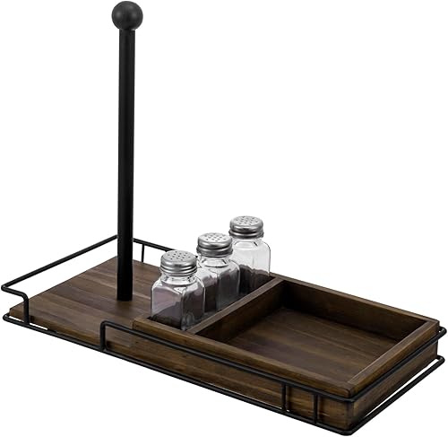 Miniatura 6 de MyGift Organizador combinado de cocina y comedor rústico  Soporte dispensador de rollos de papel de metal negro mate industrial de madera maciza