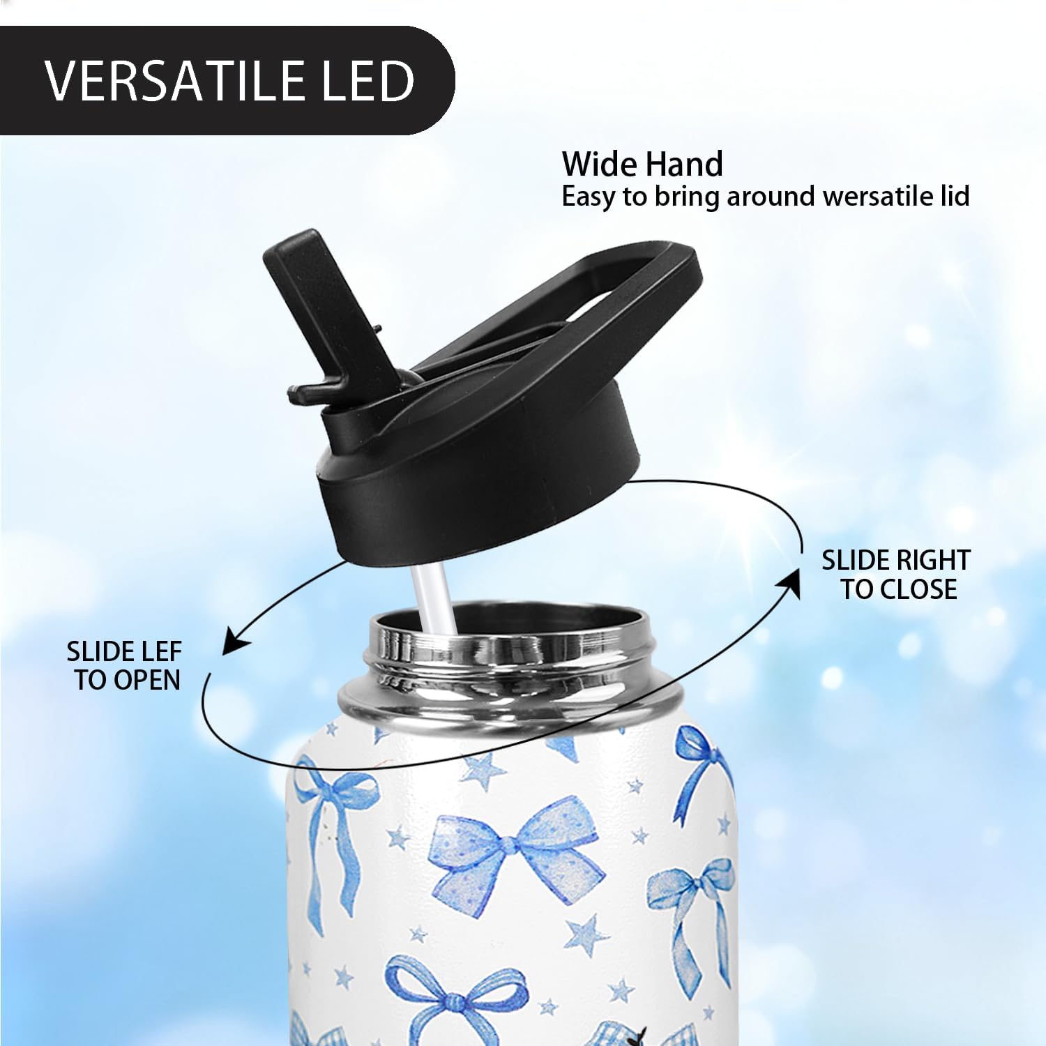32oz Blue Bow Stainless Insulated Aater Water Bottle with Straw,Bow Gym Hiking Sports Coffee Mug Cup Water Bottles,Bow Gifts for Women,Bow Decor Stuff Accessories