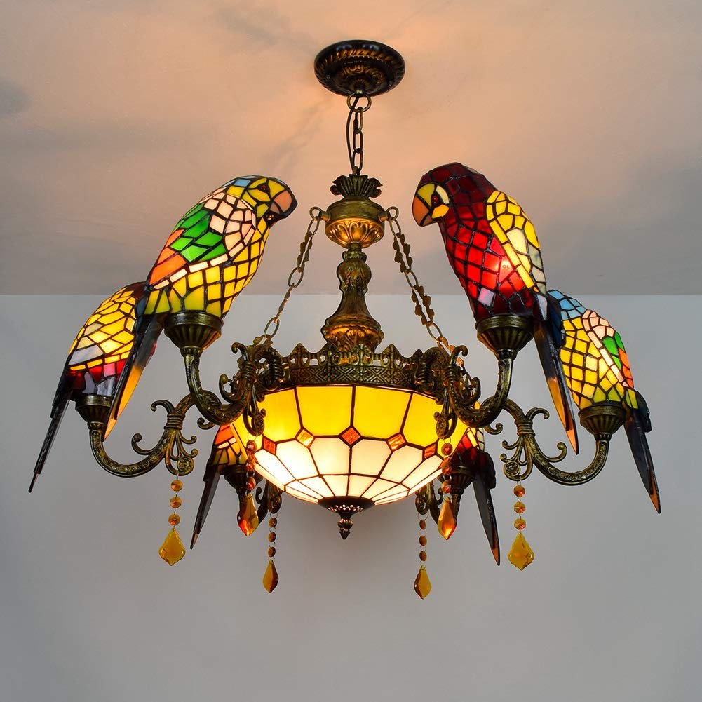 Żyrandol Tiffany 32" w stylu Tiffany'ego Kolorowa papuga Lampa wisząca Lobby Living Dining Bar Witraż Żyrandol z 6 ramionami i 12" odwróconą lampą sufitową