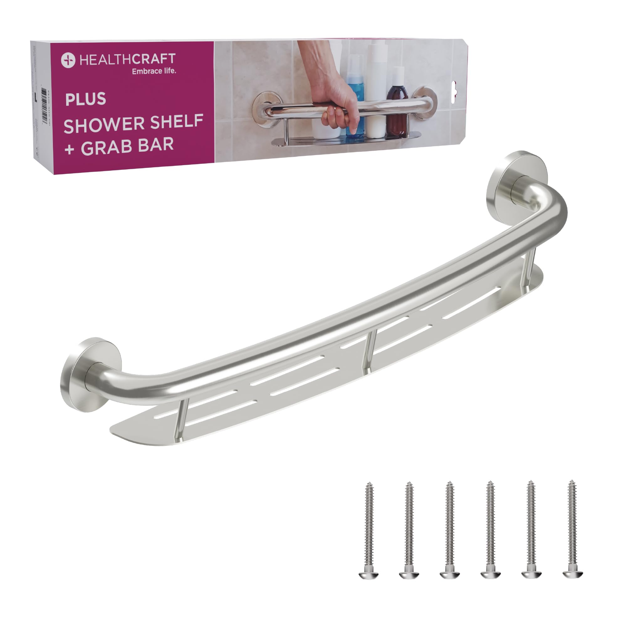 HEALTHCRAFT Plus 2-in-1 Shampoo Shelf and Grab Bar 24 Inch | ADA Compliant Wall-Mounted Bathroom Safety Grab Bar for Seniors, Supports up to 500 Lbs (Brushed Stainless)