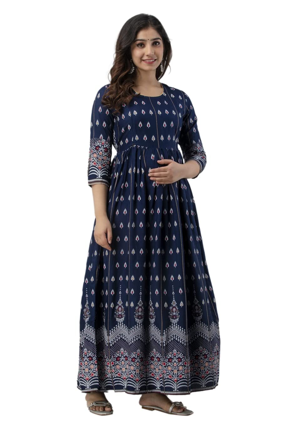 Women's Rayon Anarkali Maternity Dress Pregnancy Dress Easy Brest Feeding Dress with Both Side 9 inch Zipper