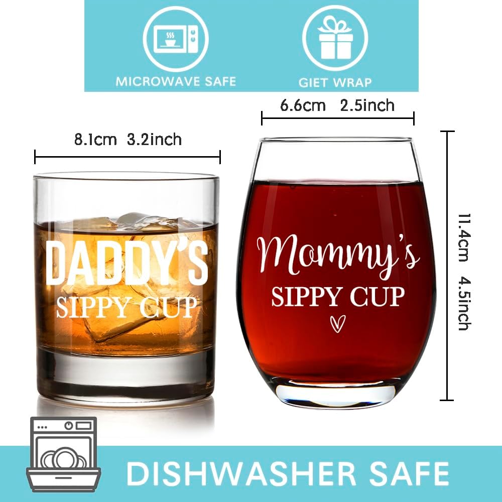 EST 2026 Daddy's Sippy Cup Whiskey Glass & Mommy's Sippy Cup Wine Glass, Mothers Day Fathers Day Gift, First Time Parents Gifts for Couples, Parents Birthday Gifts from Kids