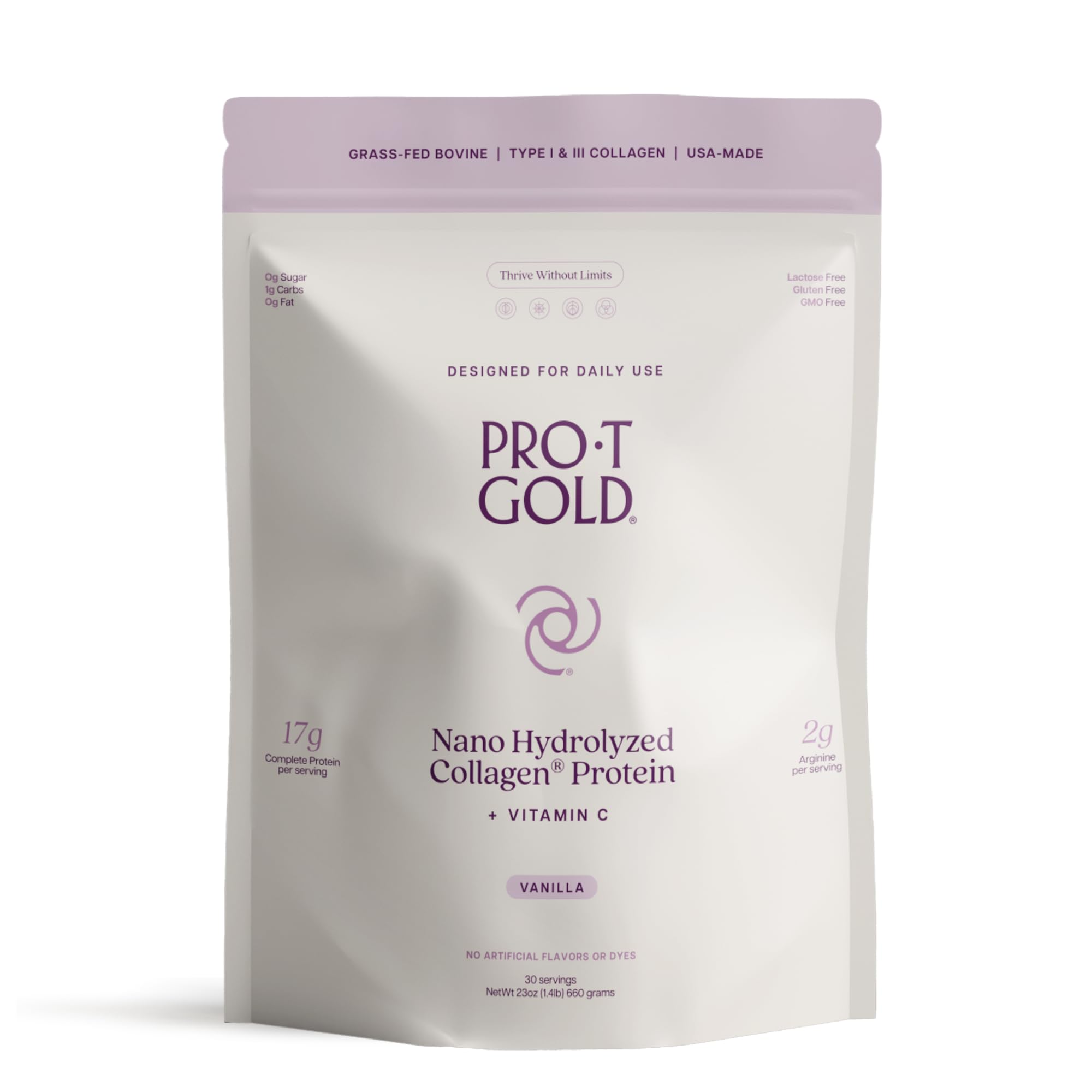 ProT Gold Collagen Protein Powder, 17g Protein Nano-Hydrolyzed Grass Fed Collagen, Vitamin C, 2g Arginine for Wound Support, Gluten Free, All Natural, Fat and Sugar Free, 0g Carbs, Vanilla, 23 oz, 30
