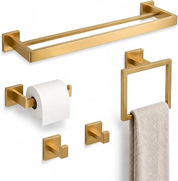 Luxury 5-Piece Bathroom Hardware Set, 23.6" Double Towel Bar & Wall Mounted Bathroom Accessories Set, SUS304 Stainless Steel Solid Metal Construction, Modern Square Design, Gold