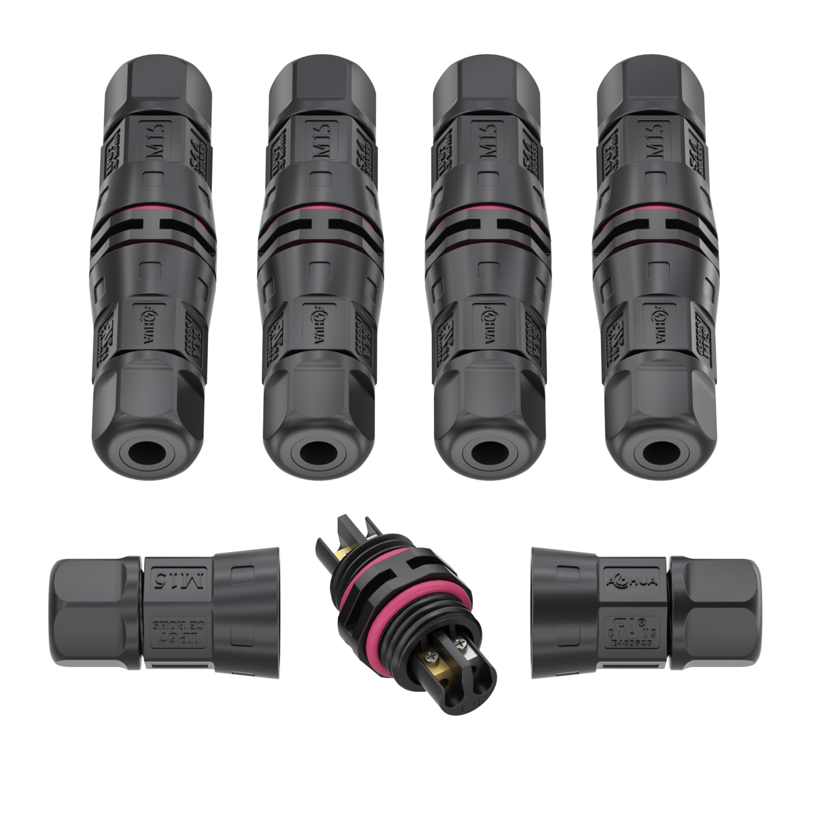 AOHUA 5-Pack Waterproof Junction Box, M15 2-Pin IP68 Outdoor Electrical Wire Connector for Ø4.5-7.5mm Cables (500V/10A), for Underground, Garden Lighting & Landscape Wiring, UL/CE/SAA/RoHs Certified