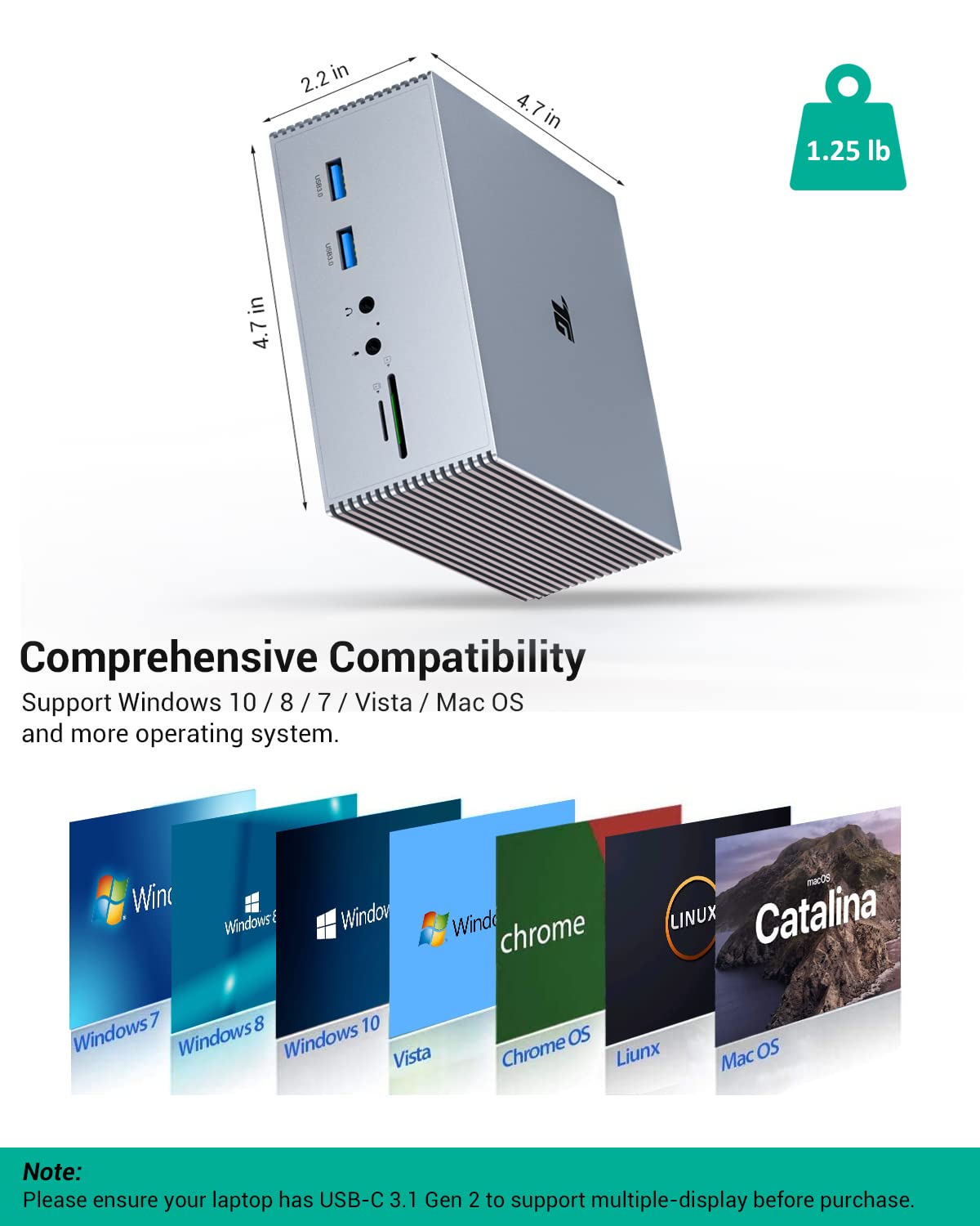 Docking station con tripla display per laptop Thunderbolt 3 e USB-C (2 X 4K HDMI, DisplayPort, 6 porte USB, LAN, SD/TF, ricarica 60 W)