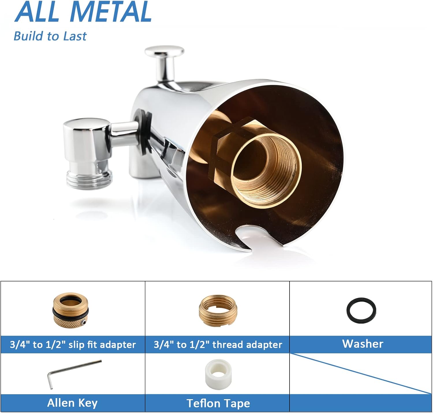 Components of the PROOX All Metal Tub Spout with Diverter, including adapters, washer, Allen key, and Teflon tape.