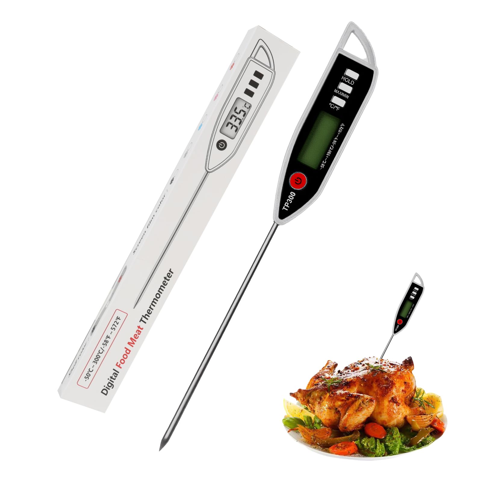 Küchenthermometer, wasserdicht, IPX7, sofortiges Ablesen, mit langer Sonde aus Edelstahl, Digitales Thermometer für Lebensmittel, Fleisch, Flüssigkeit, BBQ, Kerze, Milch, Backen, Umwandlung °C °F