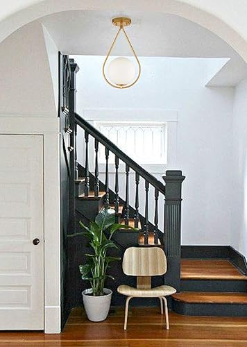 Miniatura 4 de Lámpara de techo industrial de mediados de siglo moderna de latón semi empotrado Lámpara de techo de globo de vidrio de leche de ópalo