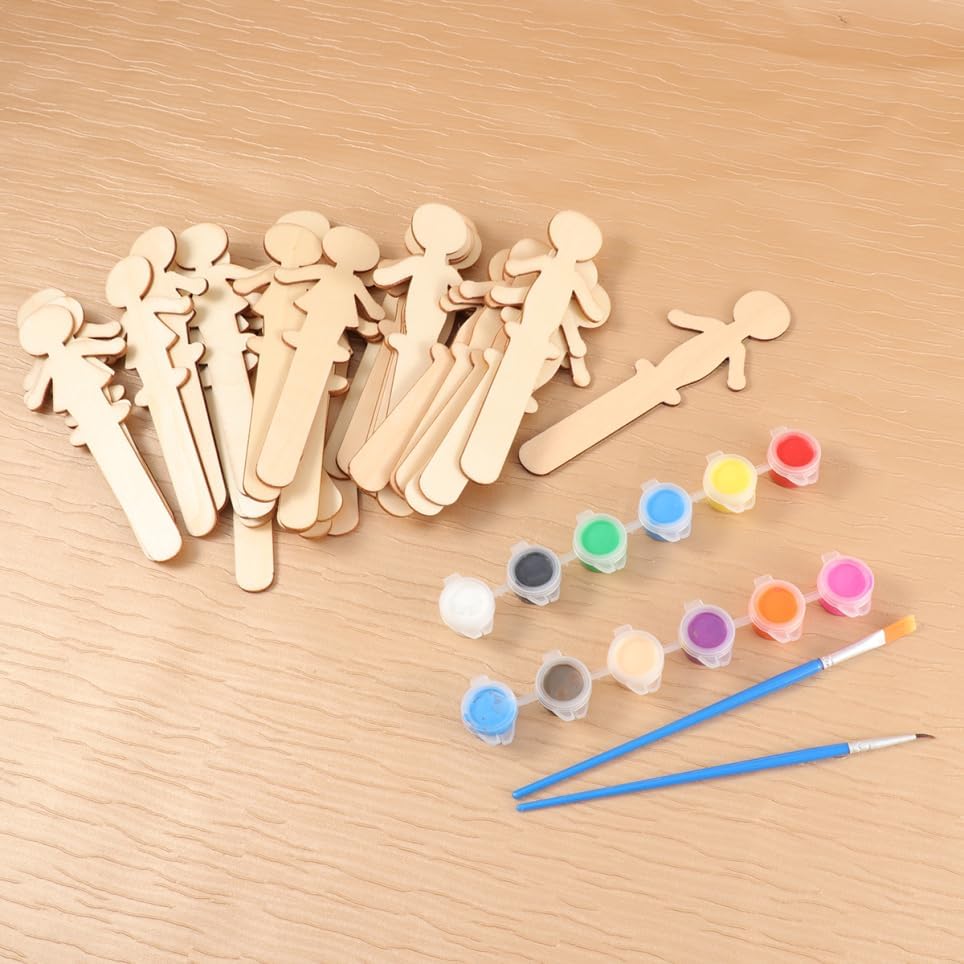 32Pcs People Shaped Craft Sticks DIY Wooden Cake Toppers with Colors of Paint Brushes for Cake Decorating Ice and Fun Crafting Projects