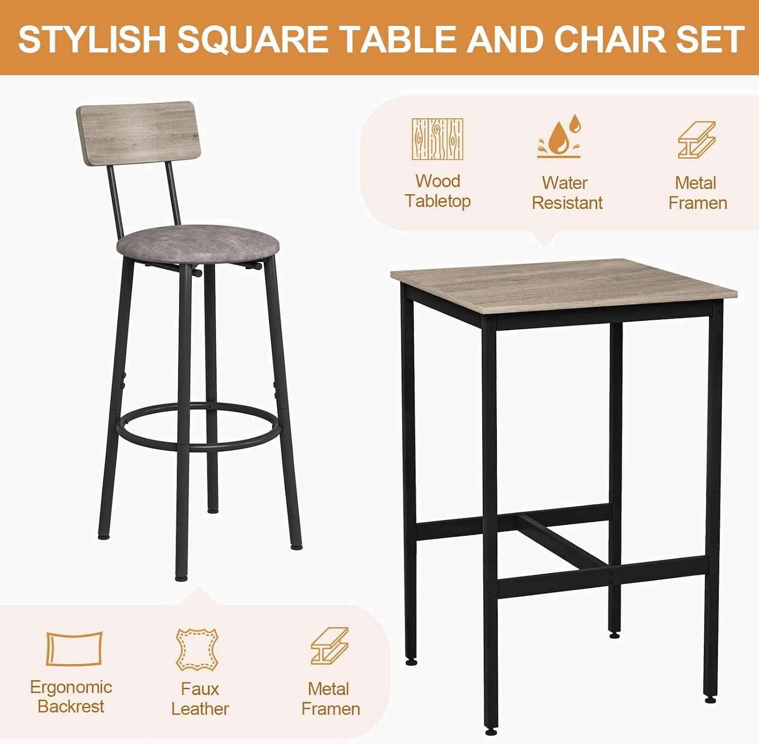 3-Piece Dining Table and Chairs Set for Kitchen, Square Bar Table and PU Stools Set for 2, Counter Height Coffee Table Set for Small Spaces Apartment, Grey