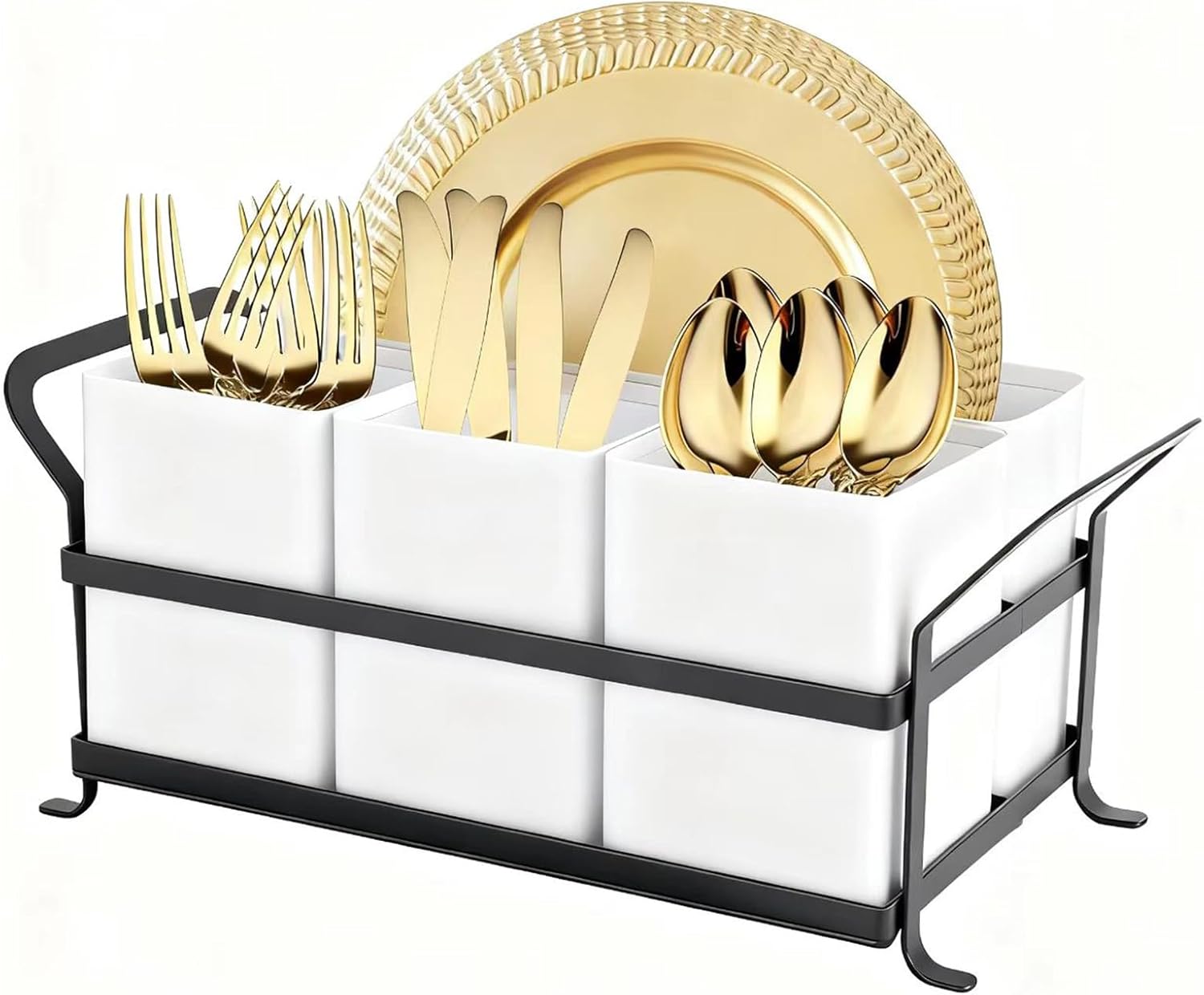 Silverware Caddy Metal Utensil Holder for Party Countertop Silverware Utensil Caddy Cutlery Flatware Organizer for Spoons Forks Plates Napkins white&Black