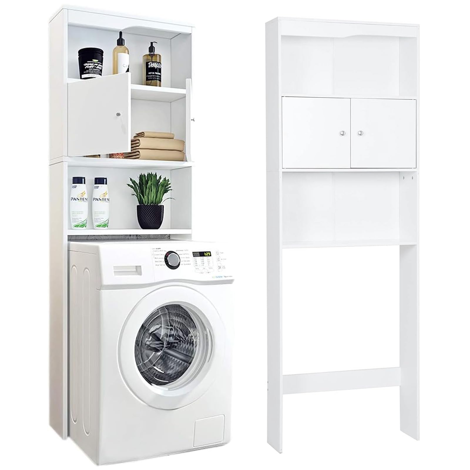 Ease Waschmaschinenschrank, Hochschrank, Toilettenregal mit Schrank, 2 offene Fächer, Verstellbare Ablagen, Badezimmerregal über Waschmaschine/Toilette 62,5 x 19,5 x 178CM