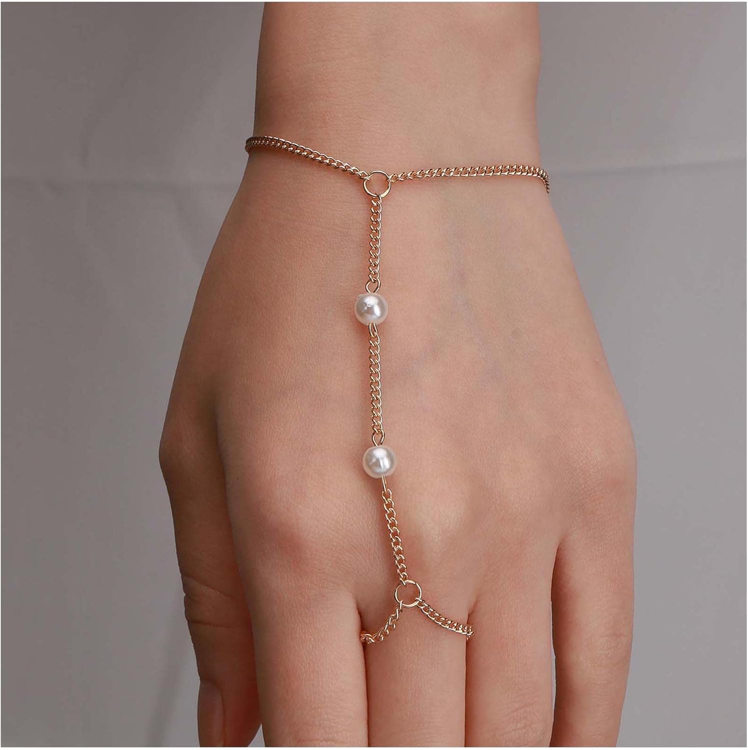 Gold Boho Pearl Finger Bracelet Chain Bracelet Vintage Ring Wrist Bracelets Wedding Pearl Ring Hand Chain Jewelry for Women - Image 5