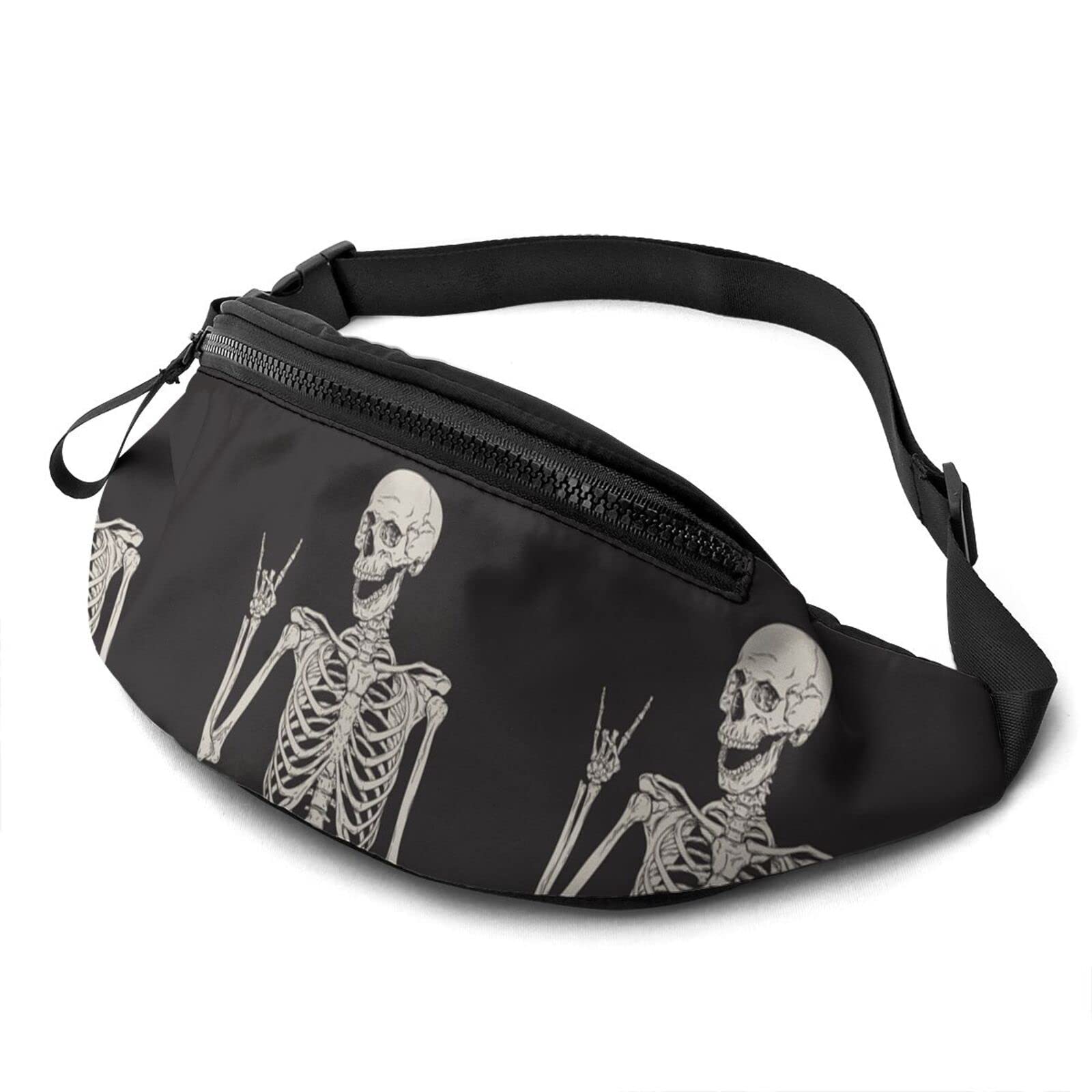 Rock And Roll Skeleton Skull Boho Hippie Fanny Pack For Women Man Sport Waist Pack Bag Adjustable Workout Waist Bag, Black 4, One Size
