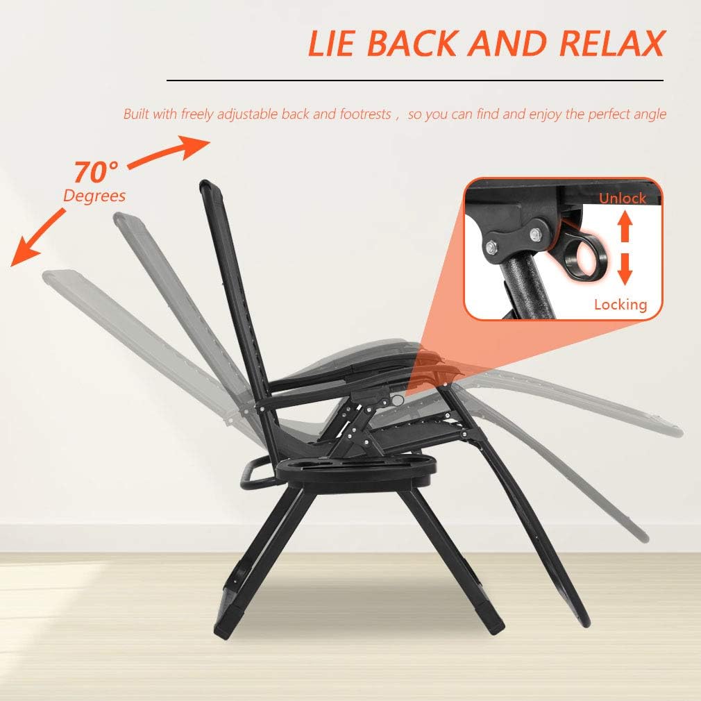 Her Majesty Zero Gravity Chair Seat Adjustable Patio Lounge Recliner Chair Set of 2 with Cup Holders Pillow for Patio Outdoor Yard Beach (Black)