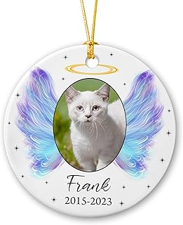 Pet Angel Wings Christmas Ornament, Custom Name & Picture Pet Cat Dog Memorial Christmas Tree Decor, Personalized Loss of Cat Dog Ceramic Ornament for Pet Mom Dad, Photo Pet Memorial Sympathy Gifts