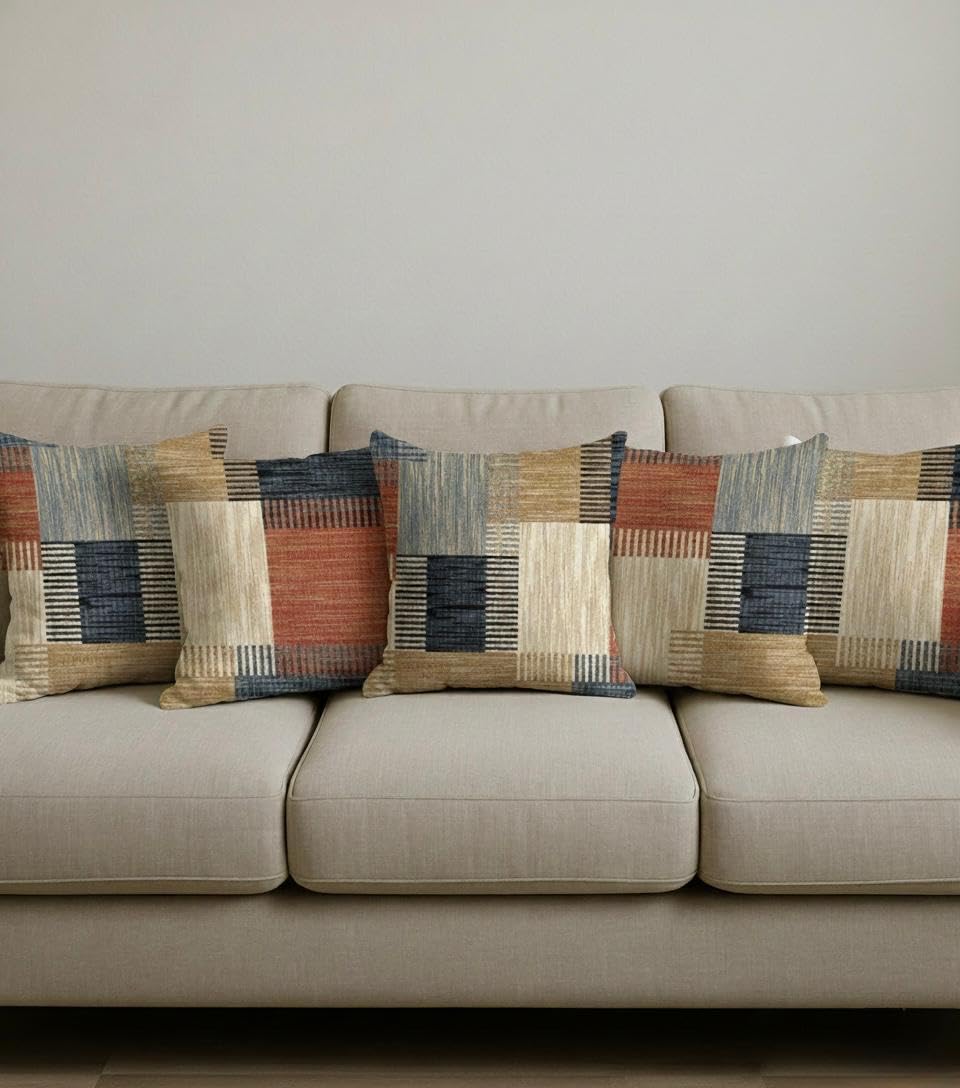 AMAZE ATTIRES Velvet Cushion Cover 16x16 Inch – Set of 5 Decorative Throw Pillow Covers for Sofa, Couch or Bed – Designer Printed Square Cushion Covers – Home Decor (Multi Check)