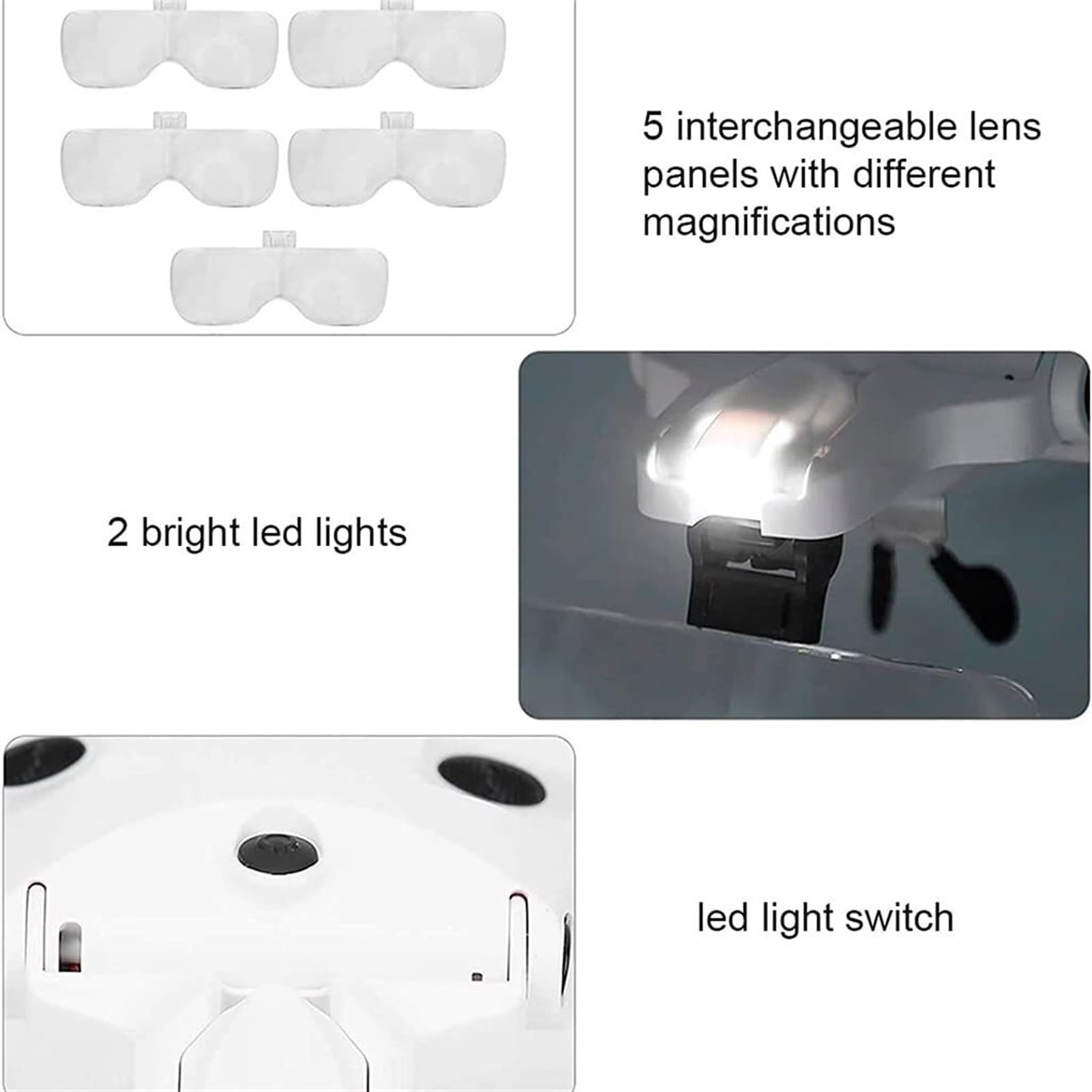 Verstellbare 5-Linsen-Lupenbrille mit Vergrößerung 1,0X 1,5X 2,0X 2,5X 3,5X, mit LED-Licht, Kopfband, USB-aufladbar,