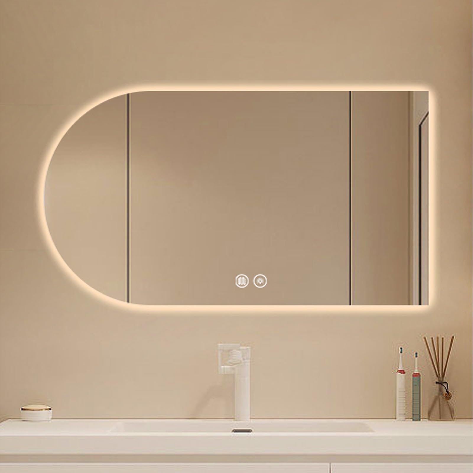 Miroir mural LED arqué sans cadre avec éclairage tricolore réglable pour salle de bain